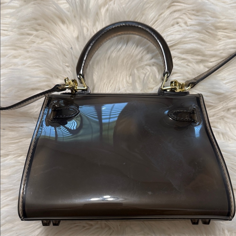 Clear Black Vinyl Crossbody Bag with White Script and Top Handle - Picture 3 of 12